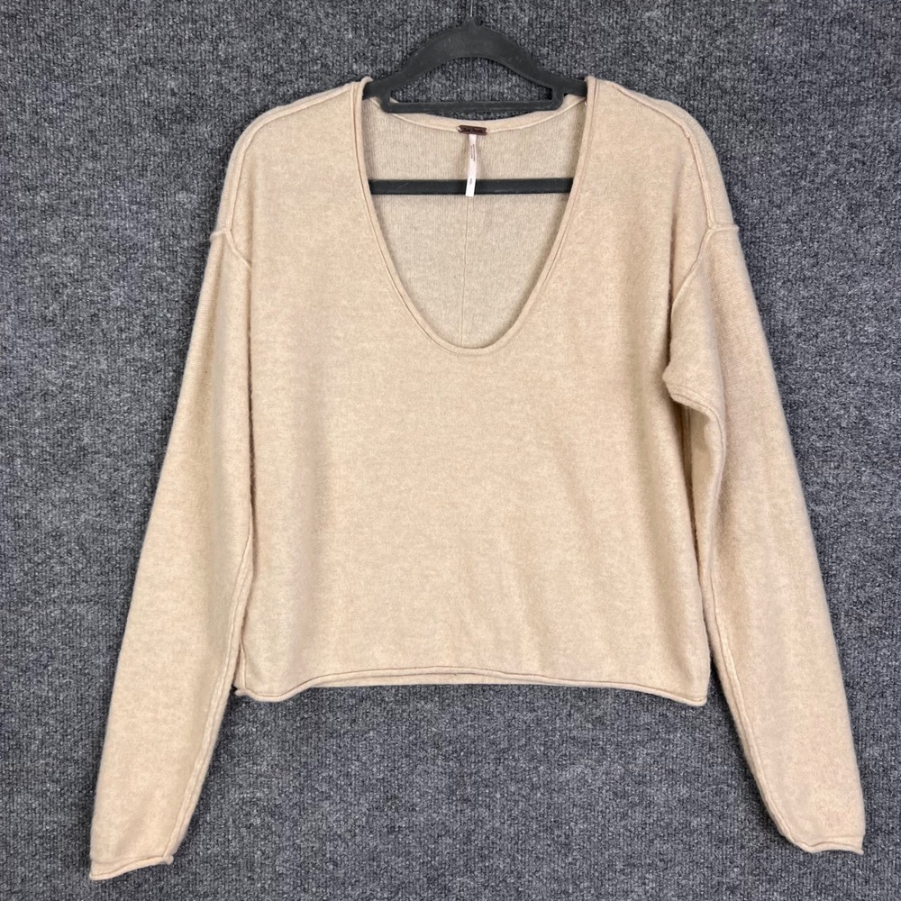 Free People Sweater Womens S Tan Excellent 100% Cashmere V-Neck Pullover